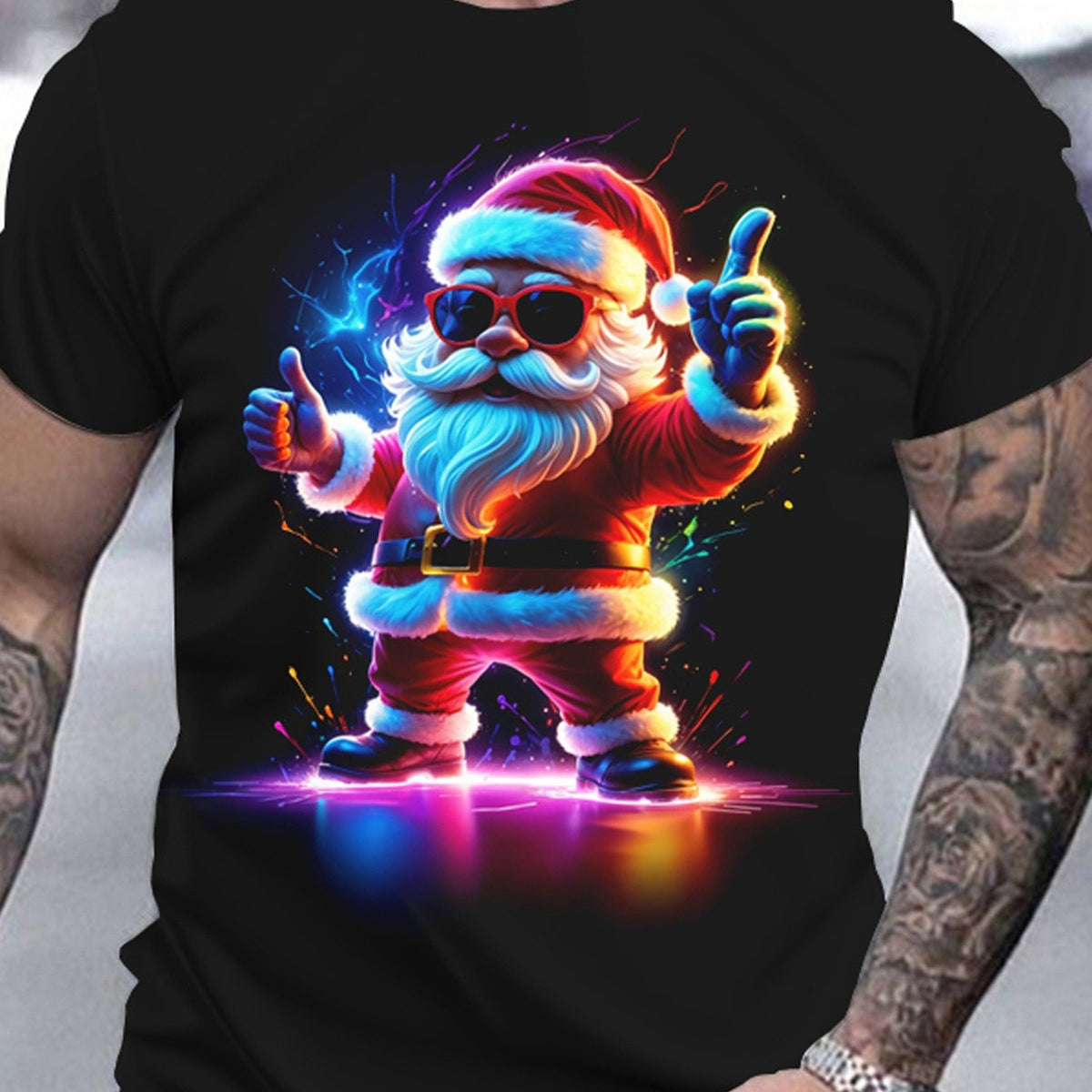 T-shirt Homme Graphique Père Noël Néon | Design Amusant et Vibrant avec Effets Néon Colorés, Manches Courtes, Col Rond, Coupe Confortable et Élégante, Parfait pour les Fêtes de Fin d'Année, les Soirées, les Événements en Plein Air au Canada