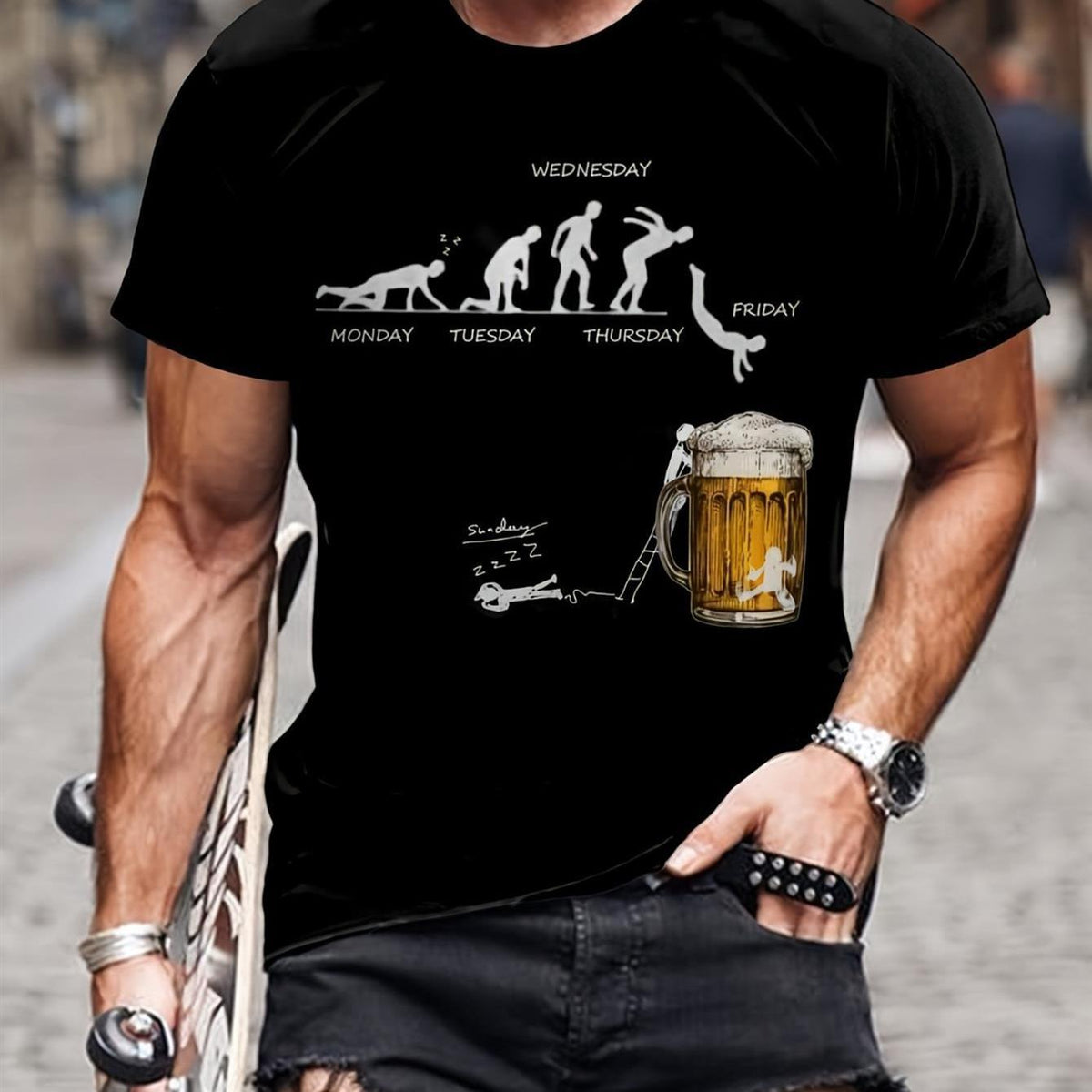 Men's Humorous Beer Evolution Graphic T-Shirt - Monday to Friday Weekly Progression Design, Black Cotton Crew Neck Tee for Casual Wear & Outdoor Gatherings, Machine Washable Comfort Fit, Beer Shirt, Gathering Attire, Short Sleeve Shirt, Medium Elasticity