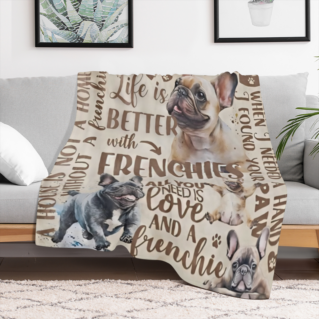 Cozy French Bulldog Throw Blanket - Life is Better with Frenchies Design Soft Warm Polyester Blend Machine Washable Ideal for Dog Lovers All- Season Comfort Home DecorPlayful Dog DesignMachine Washabl