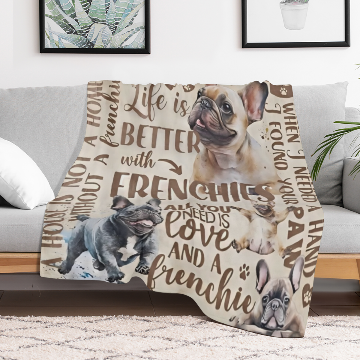 Cozy French Bulldog Throw Blanket - Life is Better with Frenchies Design Soft Warm Polyester Blend Machine Washable Ideal for Dog Lovers All- Season Comfort Home DecorPlayful Dog DesignMachine Washabl