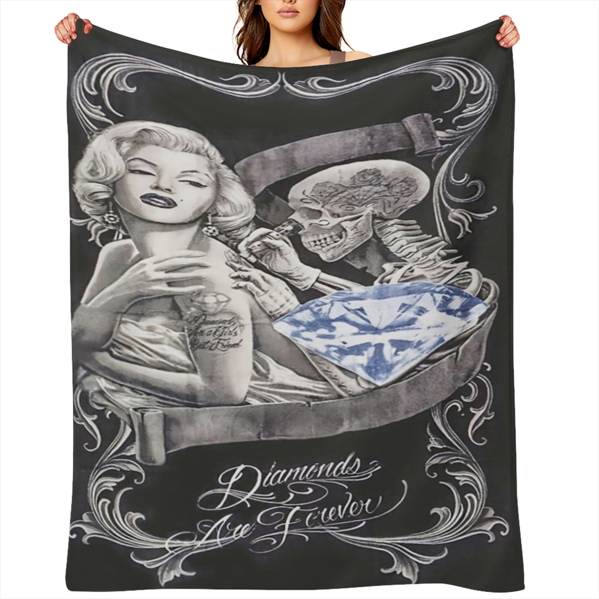 Contemporary Hypoallergenic Flannel Throw Blanket with Skeleton and Diamond Graphic, Luxurious Plush Multipurpose Bedding, Digital Print, All- Season Comfort Polyester,
