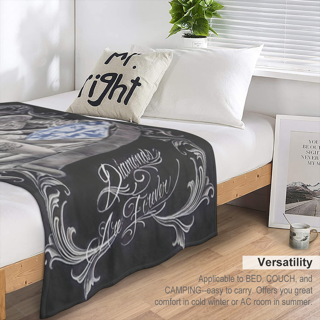 Contemporary Hypoallergenic Flannel Throw Blanket with Skeleton and Diamond Graphic, Luxurious Plush Multipurpose Bedding, Digital Print, All- Season Comfort Polyester,