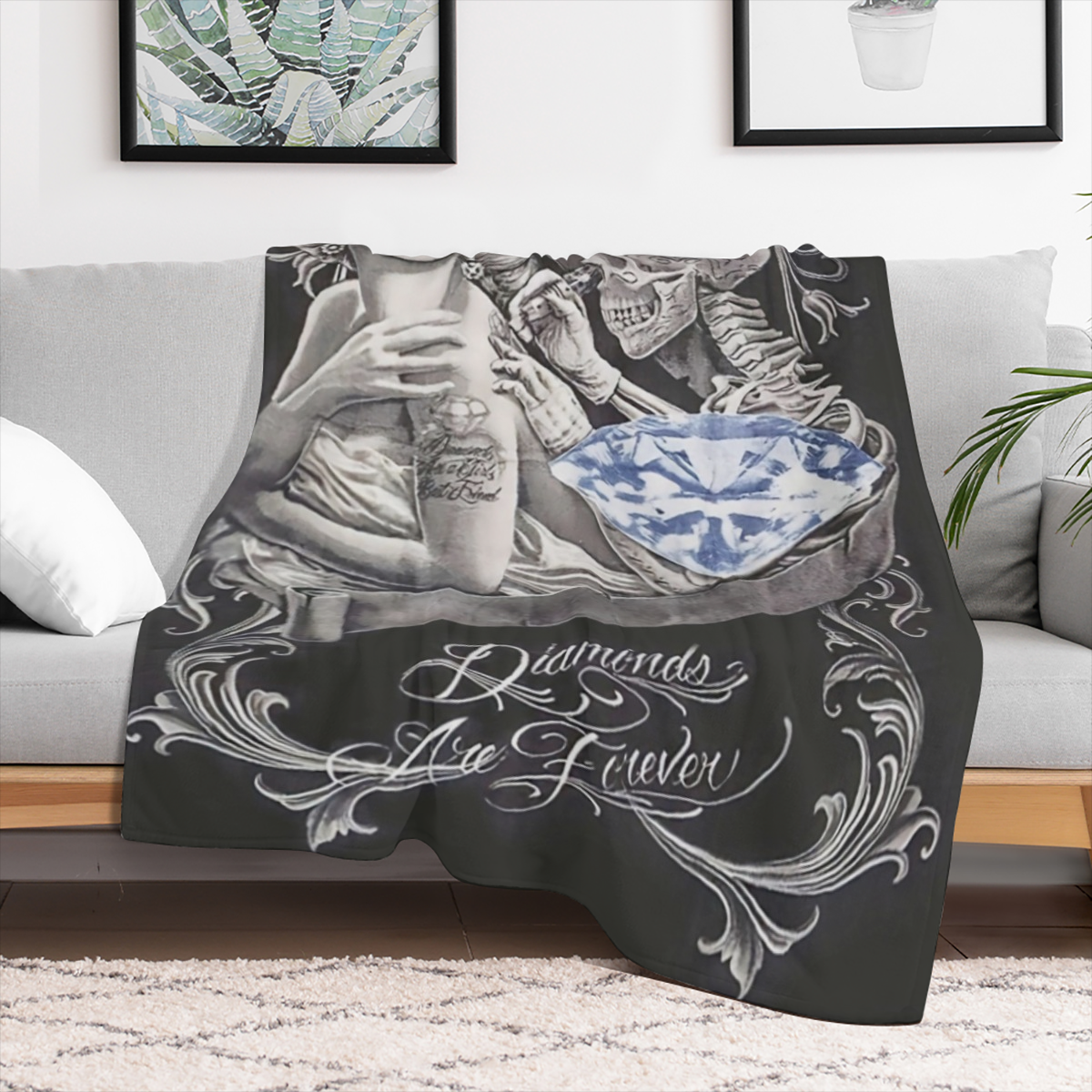 Contemporary Hypoallergenic Flannel Throw Blanket with Skeleton and Diamond Graphic, Luxurious Plush Multipurpose Bedding, Digital Print, All- Season Comfort Polyester,