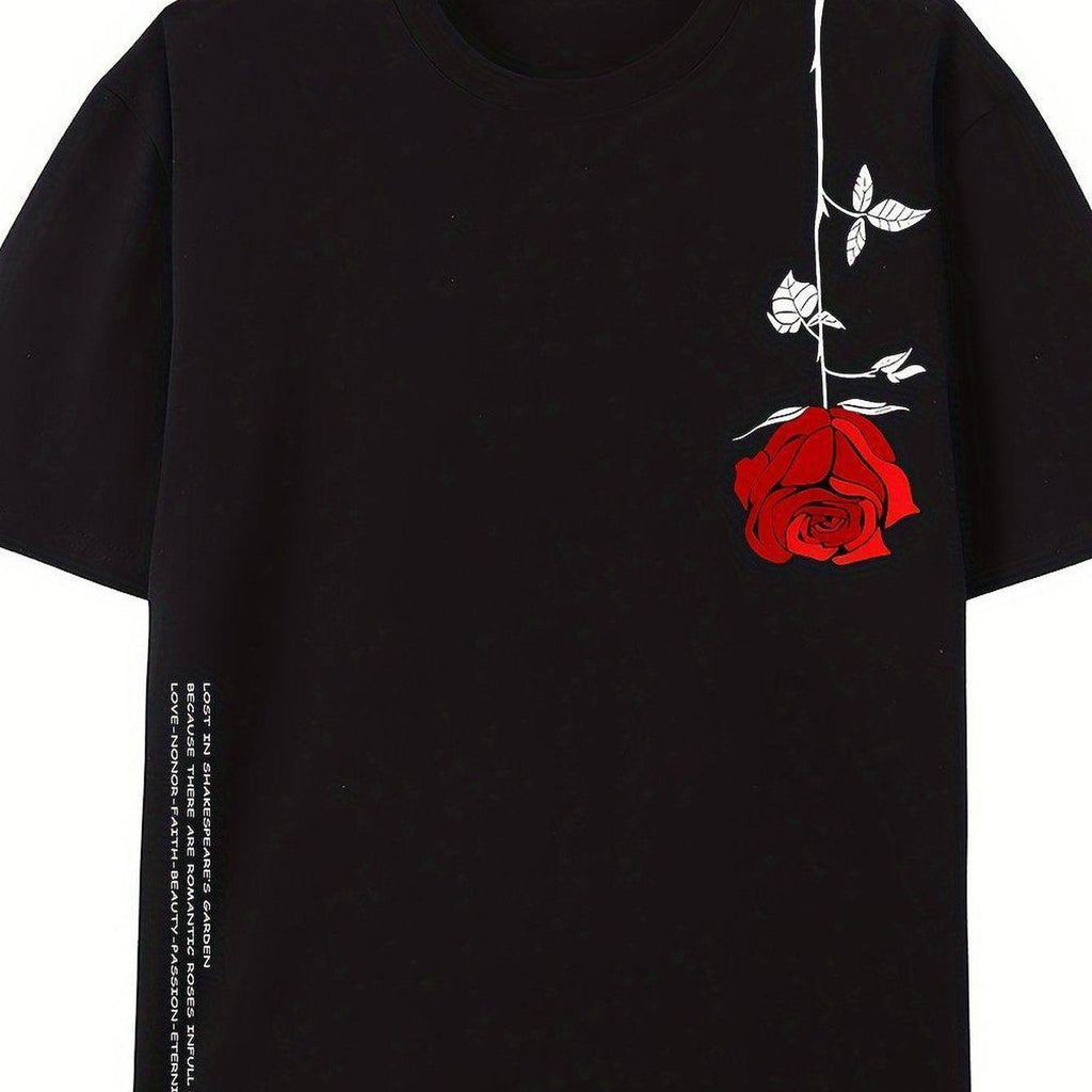 Men's Casual Short Sleeve T-Shirt - Black Geometric Rose Print, Breathable Soft Cotton, Regular Fit Round Neck, Machine Washable for Warm Weather & Casual Attire, Warm Weather Apparel | Round Neck Shirt | Comfortable Fabric