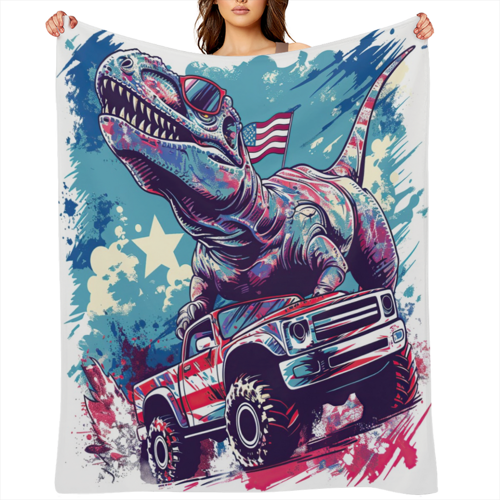 1pc Cozy T-Rex Dinosaur Drive Car American Flag Flannel Throw Blanket ¨C Soft, Lightweight, All-Season Couch & Bed Decor, 280GSM, Vibrant Cartoon Design, Machine Washable Polyester Blend, Dinosaur Ro
