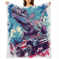 1pc Cozy T-Rex Dinosaur Drive Car American Flag Flannel Throw Blanket ¨C Soft, Lightweight, All-Season Couch & Bed Decor, 280GSM, Vibrant Cartoon Design, Machine Washable Polyester Blend, Dinosaur Ro