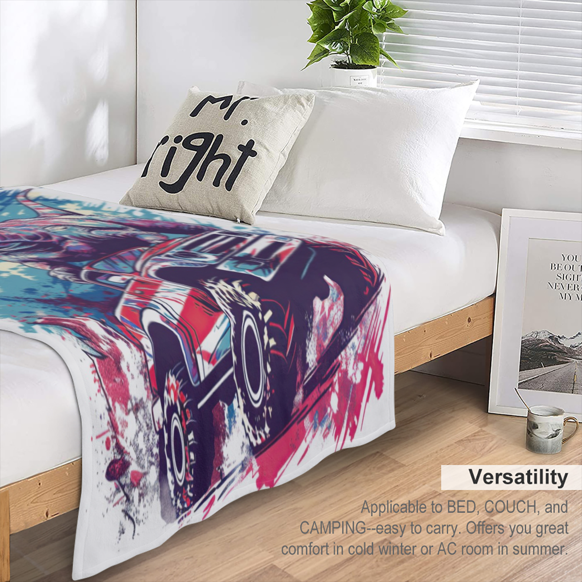 1pc Cozy T-Rex Dinosaur Drive Car American Flag Flannel Throw Blanket ¨C Soft, Lightweight, All-Season Couch & Bed Decor, 280GSM, Vibrant Cartoon Design, Machine Washable Polyester Blend, Dinosaur Ro