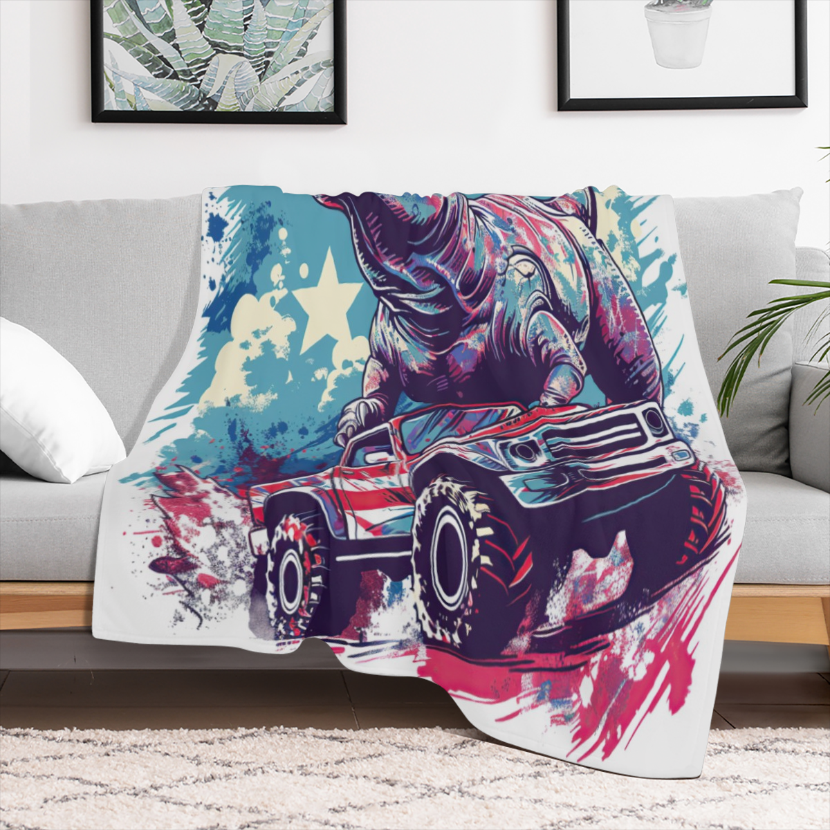 1pc Cozy T-Rex Dinosaur Drive Car American Flag Flannel Throw Blanket ¨C Soft, Lightweight, All-Season Couch & Bed Decor, 280GSM, Vibrant Cartoon Design, Machine Washable Polyester Blend, Dinosaur Ro