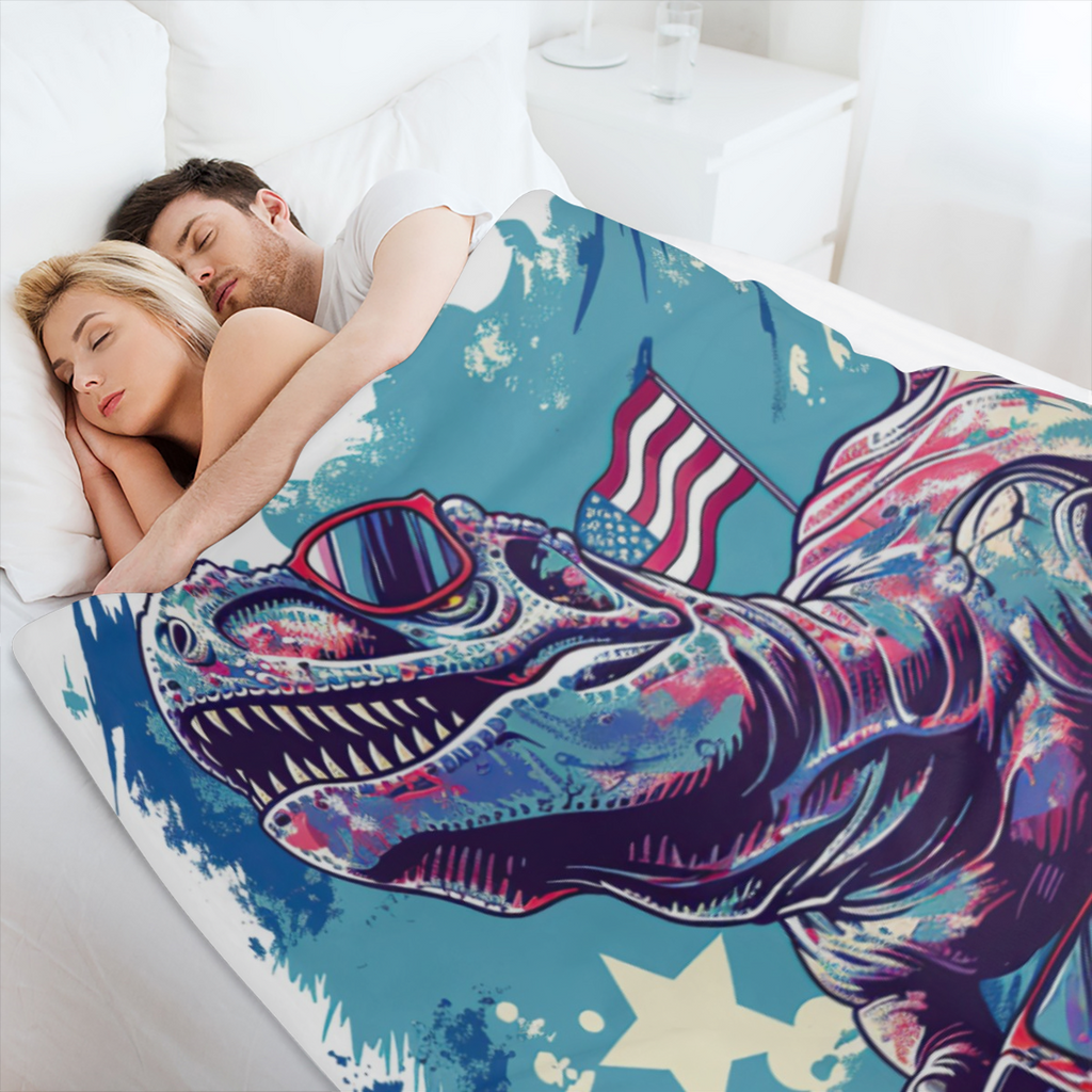 1pc Cozy T-Rex Dinosaur Drive Car American Flag Flannel Throw Blanket ¨C Soft, Lightweight, All-Season Couch & Bed Decor, 280GSM, Vibrant Cartoon Design, Machine Washable Polyester Blend, Dinosaur Ro