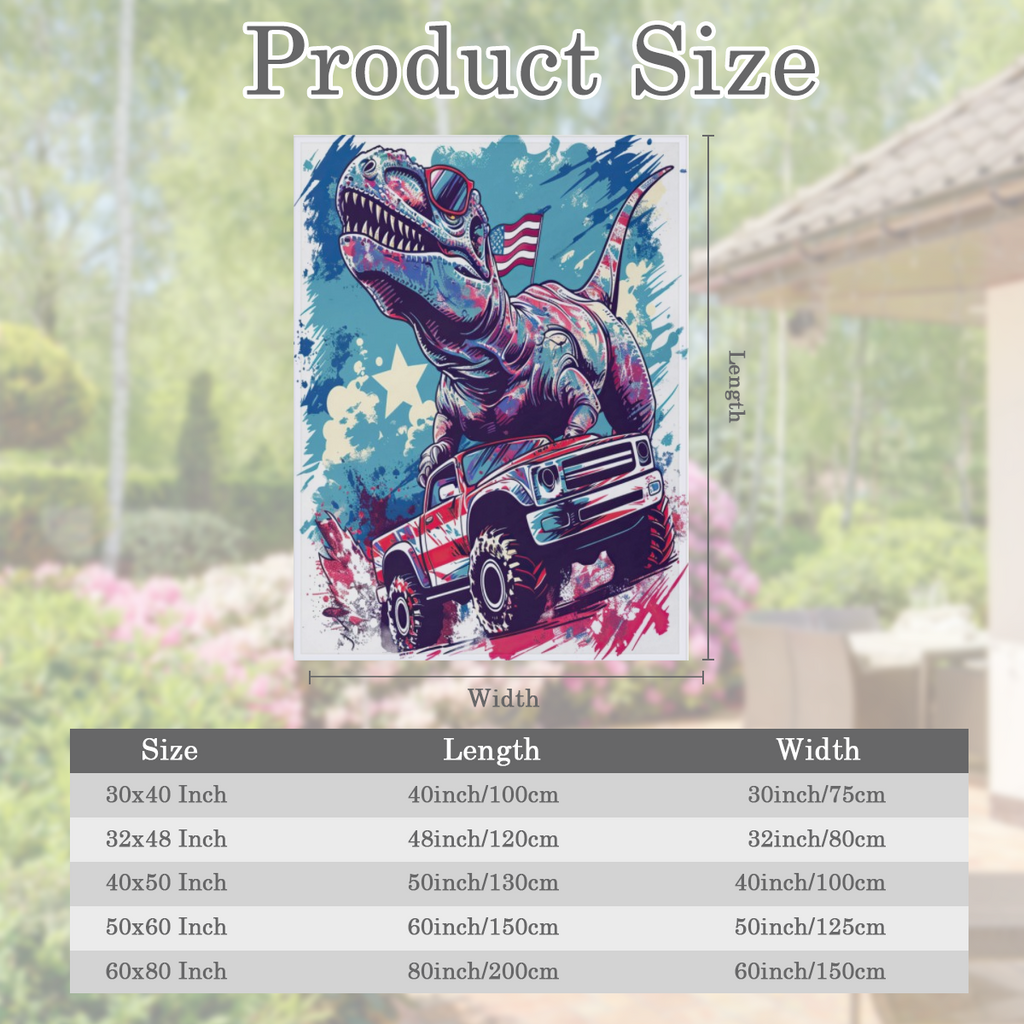 1pc Cozy T-Rex Dinosaur Drive Car American Flag Flannel Throw Blanket ¨C Soft, Lightweight, All-Season Couch & Bed Decor, 280GSM, Vibrant Cartoon Design, Machine Washable Polyester Blend, Dinosaur Ro
