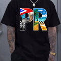 Men'S Patriotic Puerto Rico Graphic T-Shirt | Short Sleeve, Crew Neck, Light Gray with Colorful "PR" Design, Perfect for Summer & Spring Outdoor Wear, Spring Casual Wear | Comfortable Fit, Medium Stretch Fabric, Plus Size