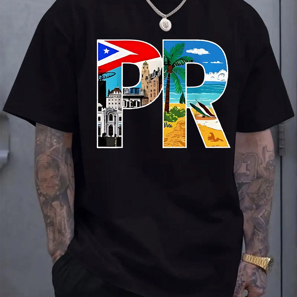 Men'S Patriotic Puerto Rico Graphic T-Shirt | Short Sleeve, Crew Neck, Light Gray with Colorful "PR" Design, Perfect for Summer & Spring Outdoor Wear, Spring Casual Wear | Comfortable Fit, Medium Stretch Fabric, Plus Size