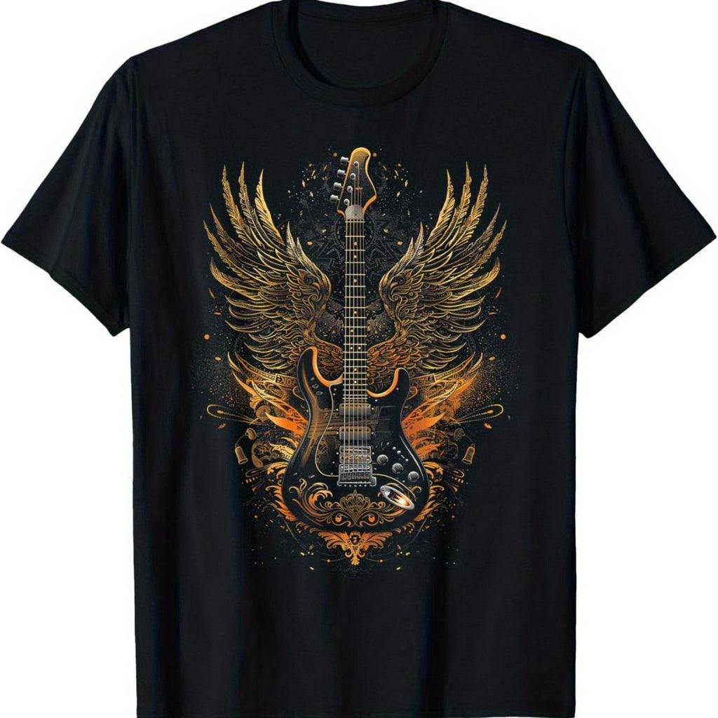 T-shirt graphique pour homme avec motif de guitare et d'ailes dorées - Design musical audacieux avec flammes, 100 % coton, coupe décontractée, lavable en machine, confort toutes saisons pour les concerts et les tenues décontractées, T-shirt guitare