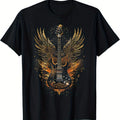 T-shirt graphique pour homme avec motif de guitare et d'ailes dorées - Design musical audacieux avec flammes, 100 % coton, coupe décontractée, lavable en machine, confort toutes saisons pour les concerts et les tenues décontractées, T-shirt guitare