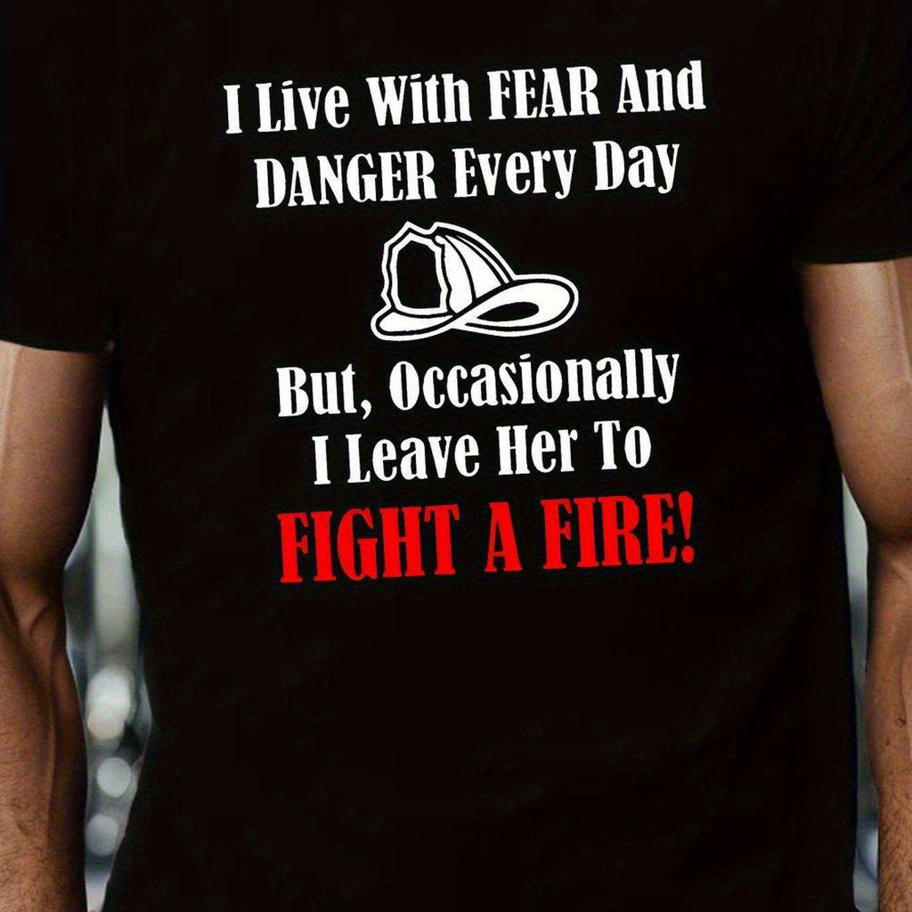 Men's Funny Firefighter T-Shirt - Live with Fear Fire Dept Humor, Lightweight Crew Neck Tee Suitable for Firefighter Gifts & Casual Attire, All-Season Casual Apparel