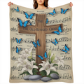 1pc Wooden Cross Throw Blanket The Old Rugged Cross Music Note & Butterfly Print Suitable for Bedroom Decor Living Room Decor Guest Room Decor Chapel Decor Funeral Decor Memorial Decor