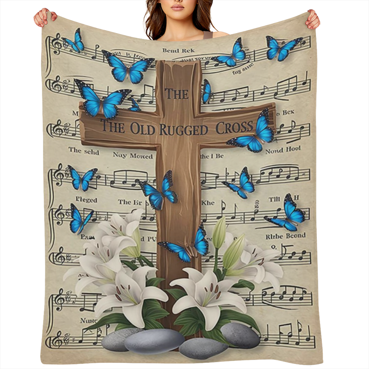 1pc Wooden Cross Throw Blanket The Old Rugged Cross Music Note & Butterfly Print Suitable for Bedroom Decor Living Room Decor Guest Room Decor Chapel Decor Funeral Decor Memorial Decor