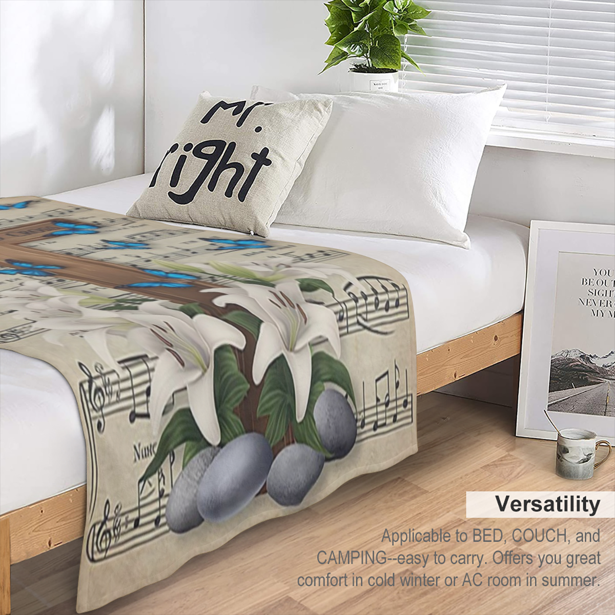 1pc Wooden Cross Throw Blanket The Old Rugged Cross Music Note & Butterfly Print Suitable for Bedroom Decor Living Room Decor Guest Room Decor Chapel Decor Funeral Decor Memorial Decor