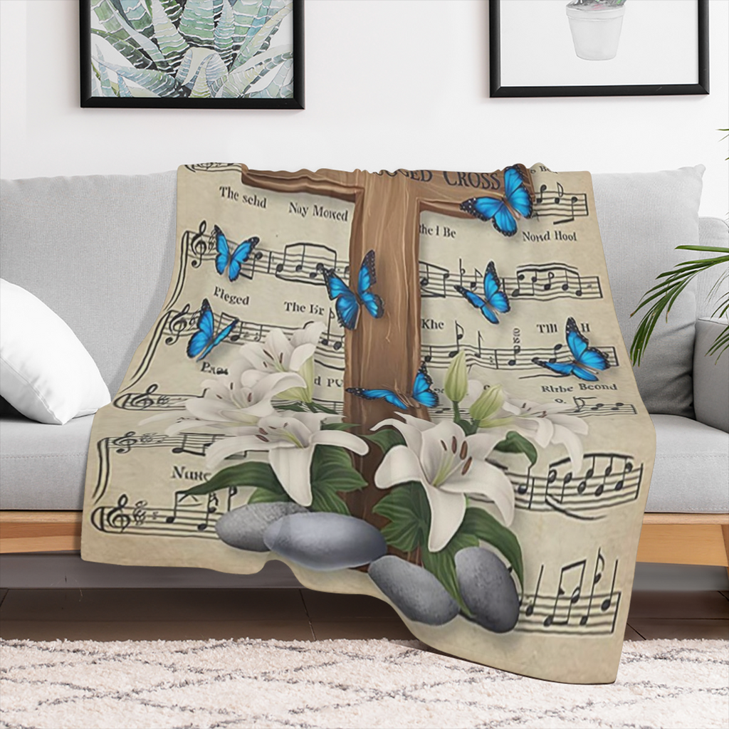 1pc Wooden Cross Throw Blanket The Old Rugged Cross Music Note & Butterfly Print Suitable for Bedroom Decor Living Room Decor Guest Room Decor Chapel Decor Funeral Decor Memorial Decor