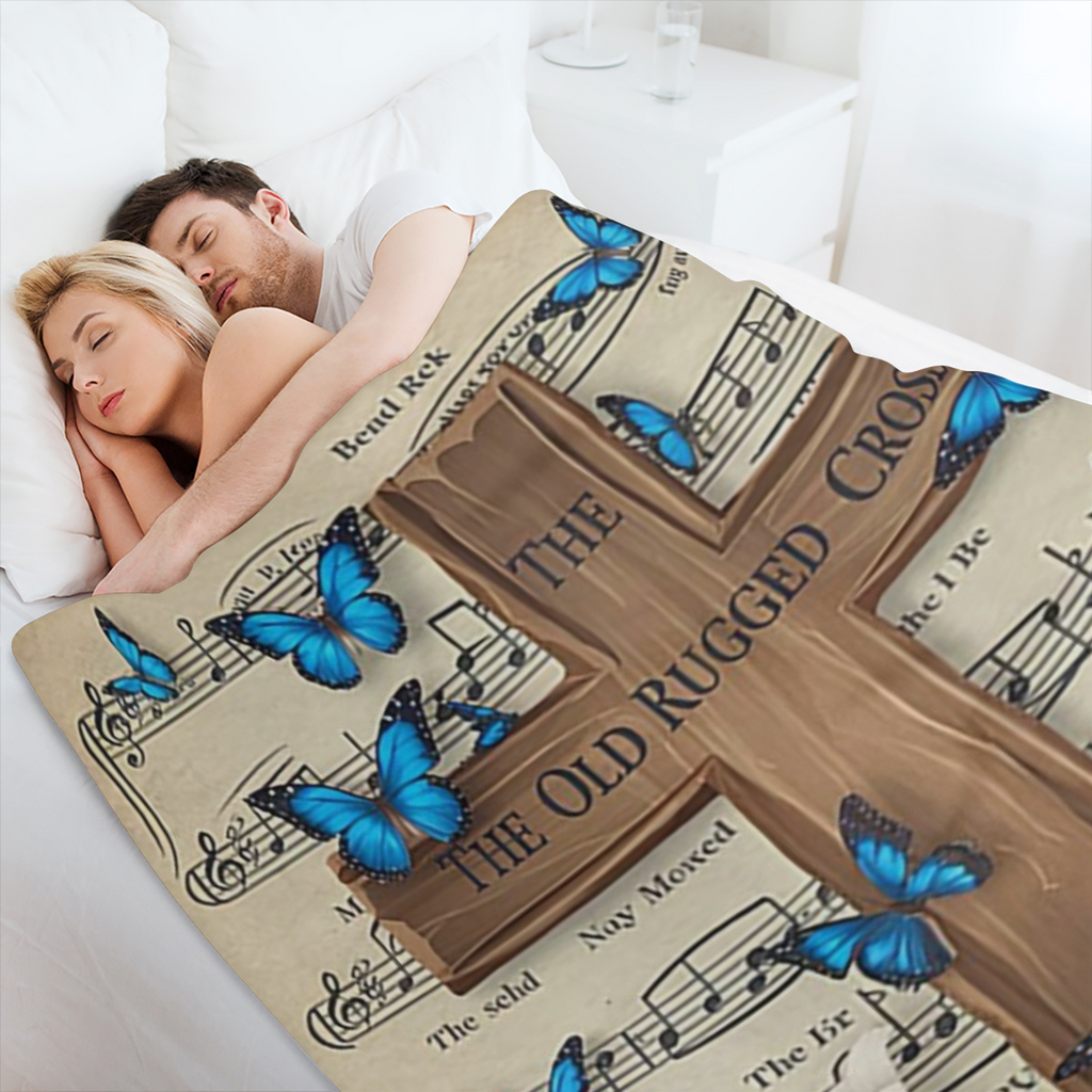 1pc Wooden Cross Throw Blanket The Old Rugged Cross Music Note & Butterfly Print Suitable for Bedroom Decor Living Room Decor Guest Room Decor Chapel Decor Funeral Decor Memorial Decor