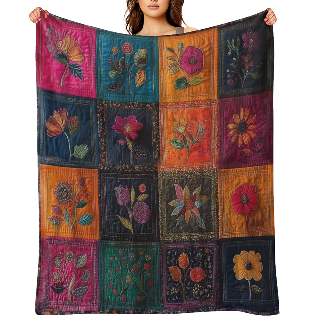 1 vintage floral Mosaic comforter Flannel blanket Four seasons all-purpose knitted polyester soft warm versatile, ideal for sofa bed car office camping gift