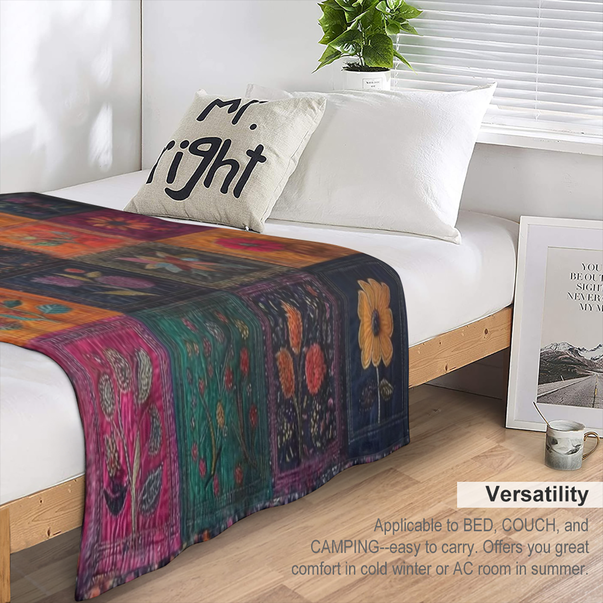 1 vintage floral Mosaic comforter Flannel blanket Four seasons all-purpose knitted polyester soft warm versatile, ideal for sofa bed car office camping gift