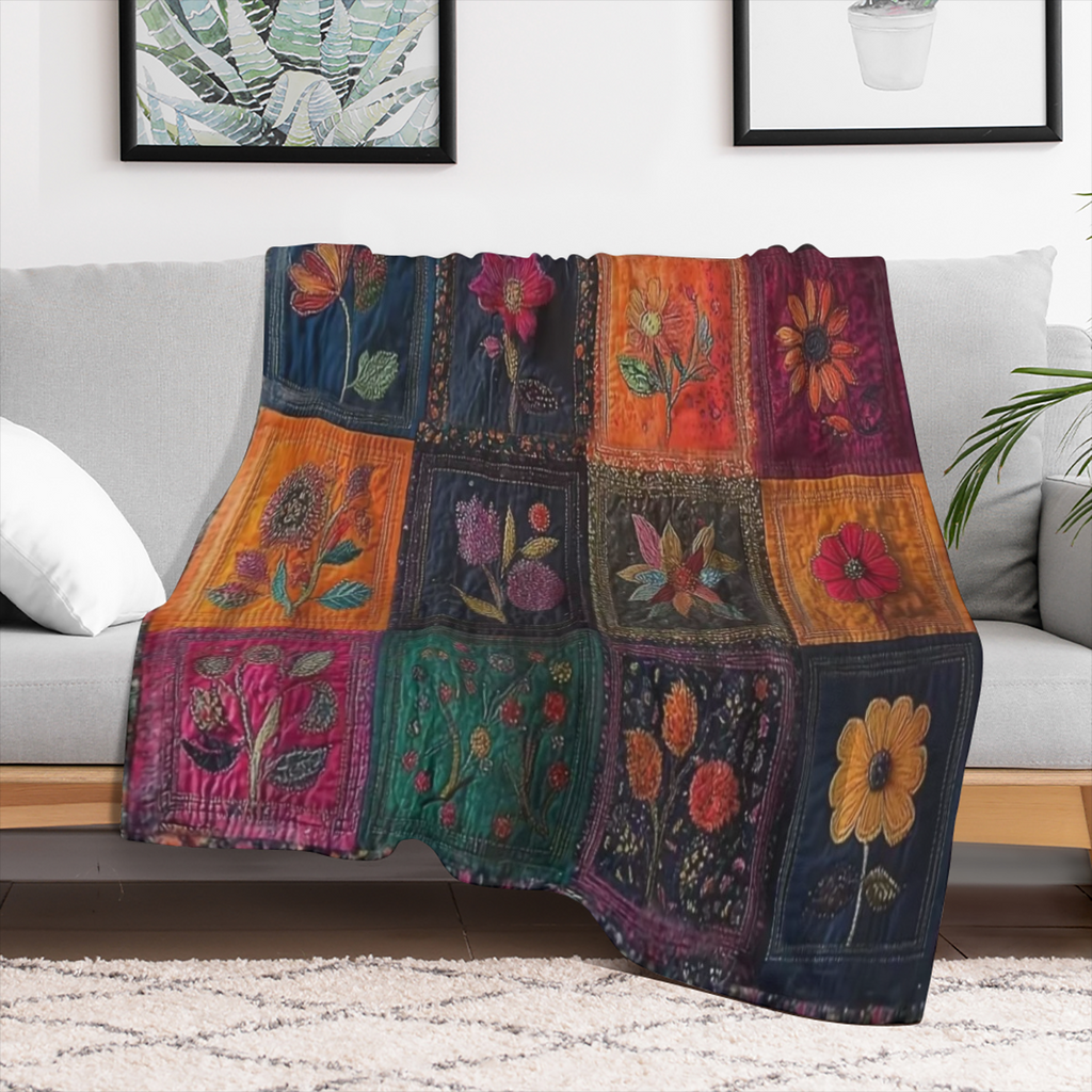 1 vintage floral Mosaic comforter Flannel blanket Four seasons all-purpose knitted polyester soft warm versatile, ideal for sofa bed car office camping gift