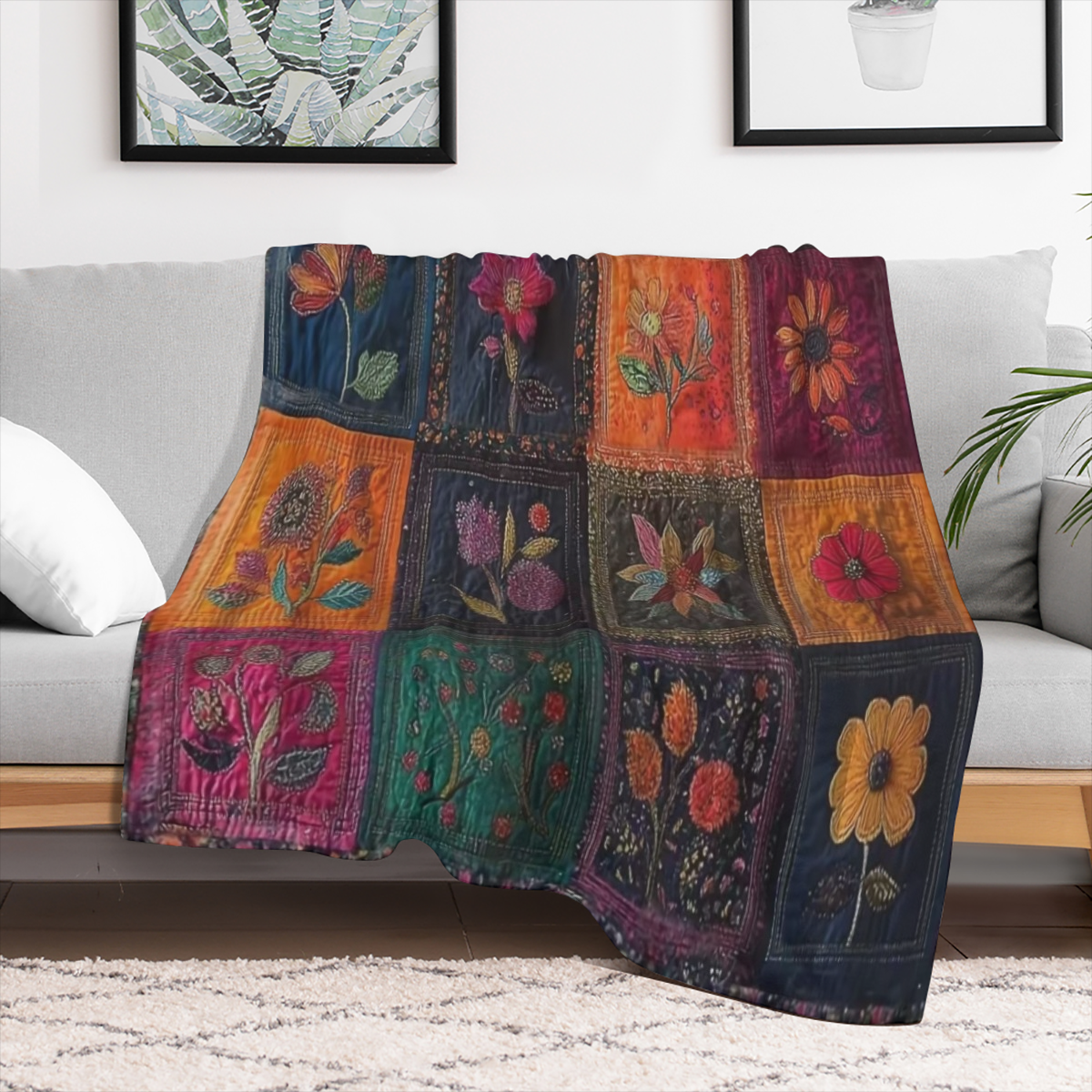 1 vintage floral Mosaic comforter Flannel blanket Four seasons all-purpose knitted polyester soft warm versatile, ideal for sofa bed car office camping gift