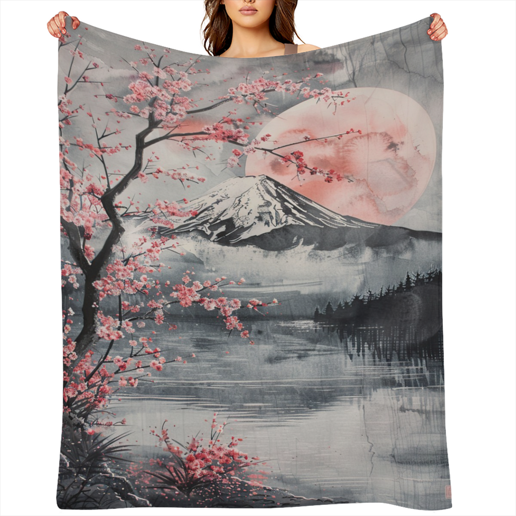 Cozy Cherry Blossom & Full Moon Throw Blanket - Soft, Fuzzy Flannel for Couch, Sofa, Bed Modern Japanese Art Design with Mount Fuji Perfect Gift for Youngsters & Adults