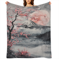 Cozy Cherry Blossom & Full Moon Throw Blanket - Soft, Fuzzy Flannel for Couch, Sofa, Bed Modern Japanese Art Design with Mount Fuji Perfect Gift for Youngsters & Adults