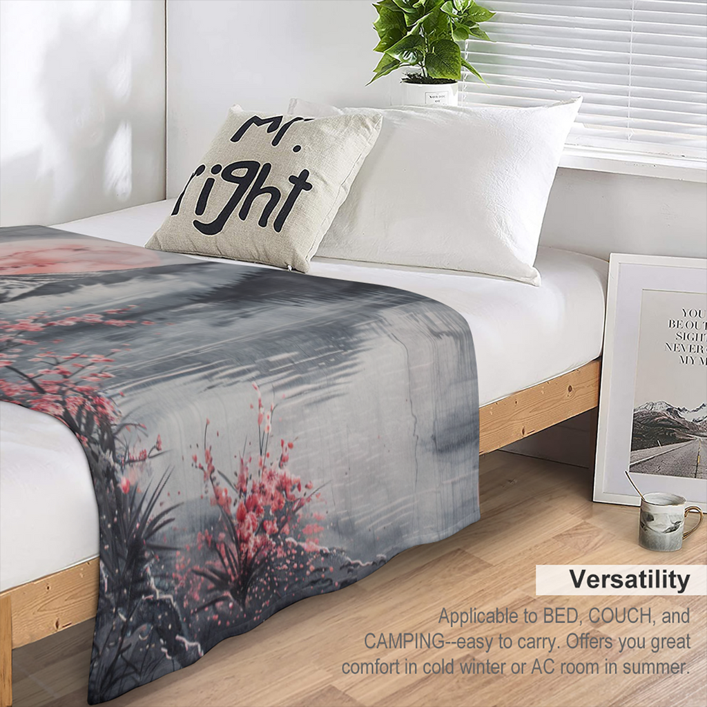 Cozy Cherry Blossom & Full Moon Throw Blanket - Soft, Fuzzy Flannel for Couch, Sofa, Bed Modern Japanese Art Design with Mount Fuji Perfect Gift for Youngsters & Adults
