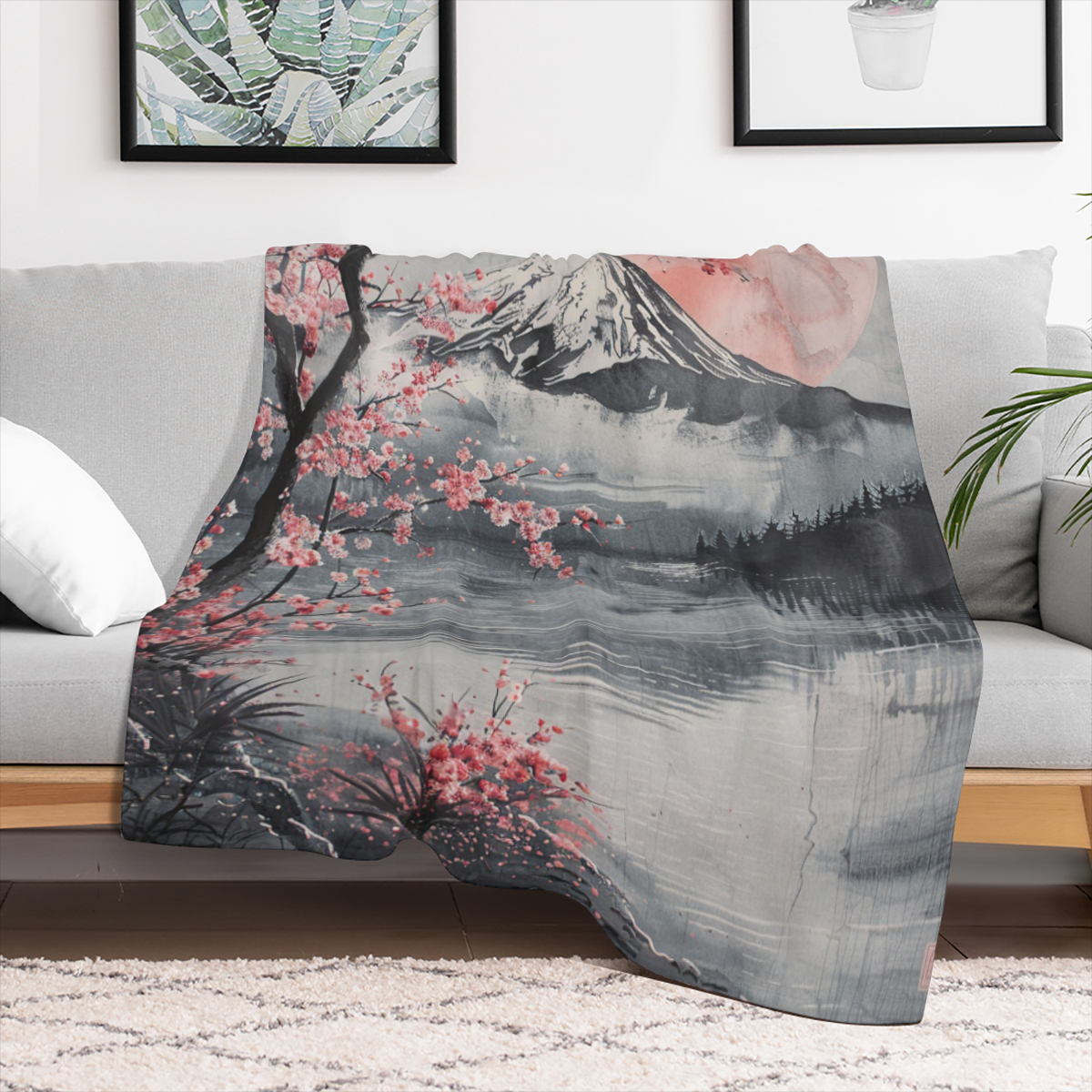 Cozy Cherry Blossom & Full Moon Throw Blanket - Soft, Fuzzy Flannel for Couch, Sofa, Bed Modern Japanese Art Design with Mount Fuji Perfect Gift for Youngsters & Adults