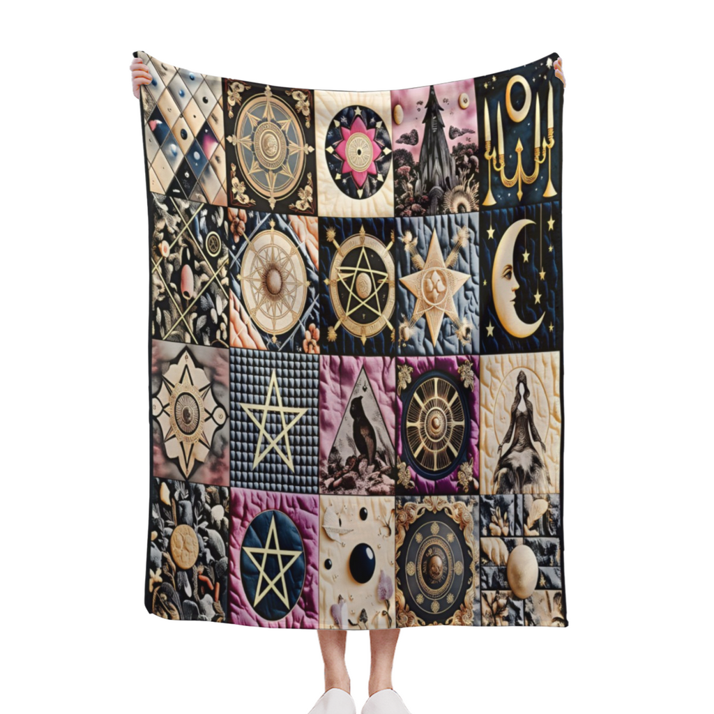 1pc Gothic Bohemian Witchy Luxury Blanket - Heavy-Duty All-Season Plush Flannel Bedspread/Throw - Soft Wiccan Pagan Altar Decor with Intricate Pentagram, Moon & Celtic Knot Designs - Brown/Purple/Blac