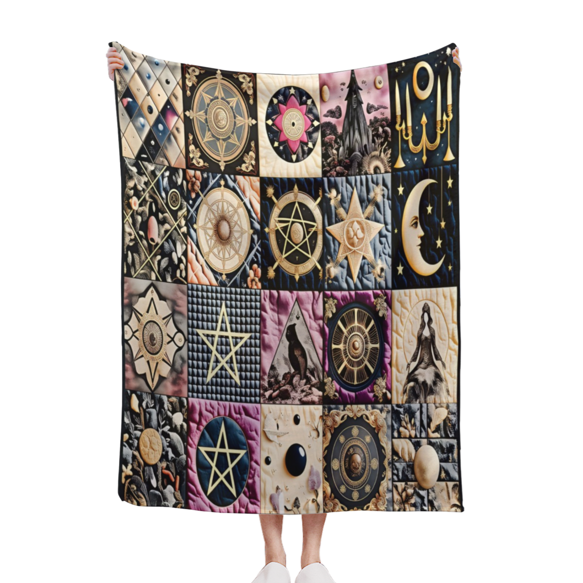 1pc Gothic Bohemian Witchy Luxury Blanket - Heavy-Duty All-Season Plush Flannel Bedspread/Throw - Soft Wiccan Pagan Altar Decor with Intricate Pentagram, Moon & Celtic Knot Designs - Brown/Purple/Blac