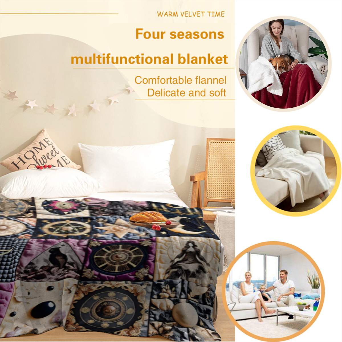 1pc Gothic Bohemian Witchy Luxury Blanket - Heavy-Duty All-Season Plush Flannel Bedspread/Throw - Soft Wiccan Pagan Altar Decor with Intricate Pentagram, Moon & Celtic Knot Designs - Brown/Purple/Blac