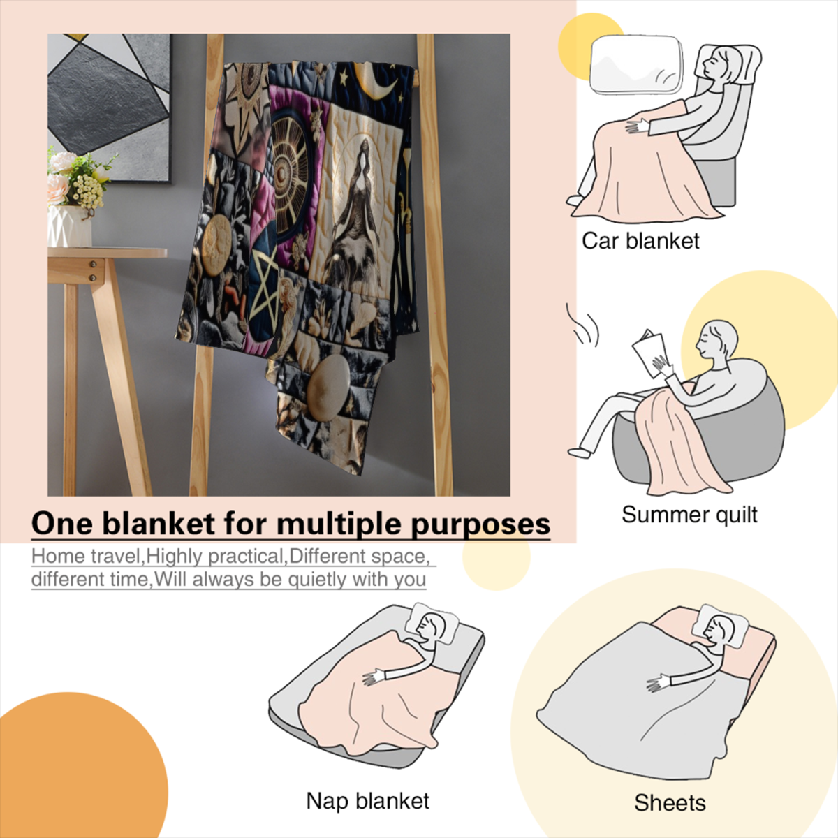1pc Gothic Bohemian Witchy Luxury Blanket - Heavy-Duty All-Season Plush Flannel Bedspread/Throw - Soft Wiccan Pagan Altar Decor with Intricate Pentagram, Moon & Celtic Knot Designs - Brown/Purple/Blac