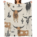 Vintage Cow-Themed Flannel Blanket with Longhorn Cattle and Cactus Design Soft and Warm All-Season Western Style Throw for Sofa or Bed Machine Washable Light Beige Cow Blanket
