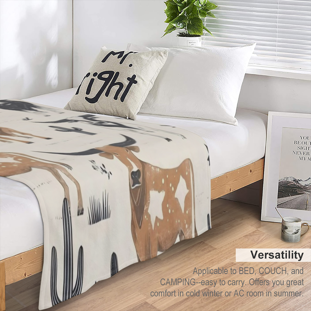 Vintage Cow-Themed Flannel Blanket with Longhorn Cattle and Cactus Design Soft and Warm All-Season Western Style Throw for Sofa or Bed Machine Washable Light Beige Cow Blanket
