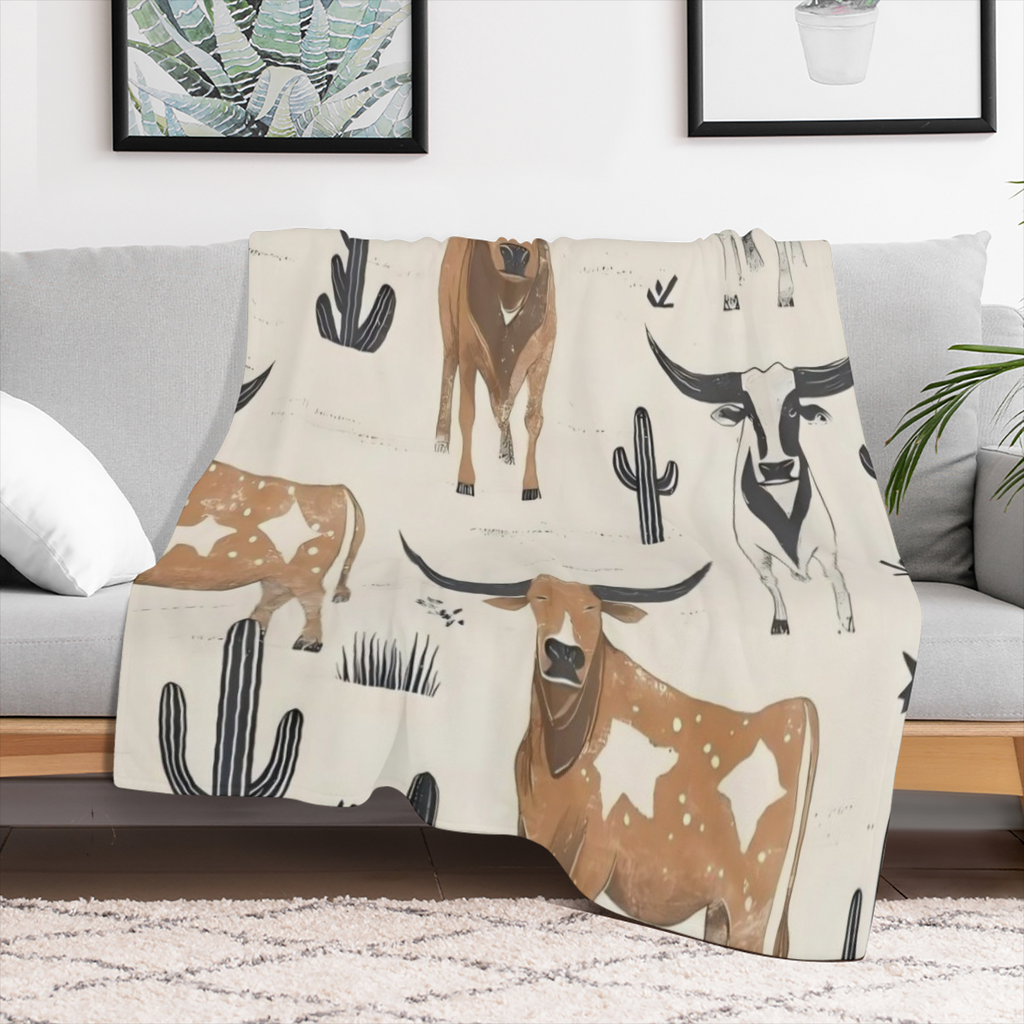 Vintage Cow-Themed Flannel Blanket with Longhorn Cattle and Cactus Design Soft and Warm All-Season Western Style Throw for Sofa or Bed Machine Washable Light Beige Cow Blanket
