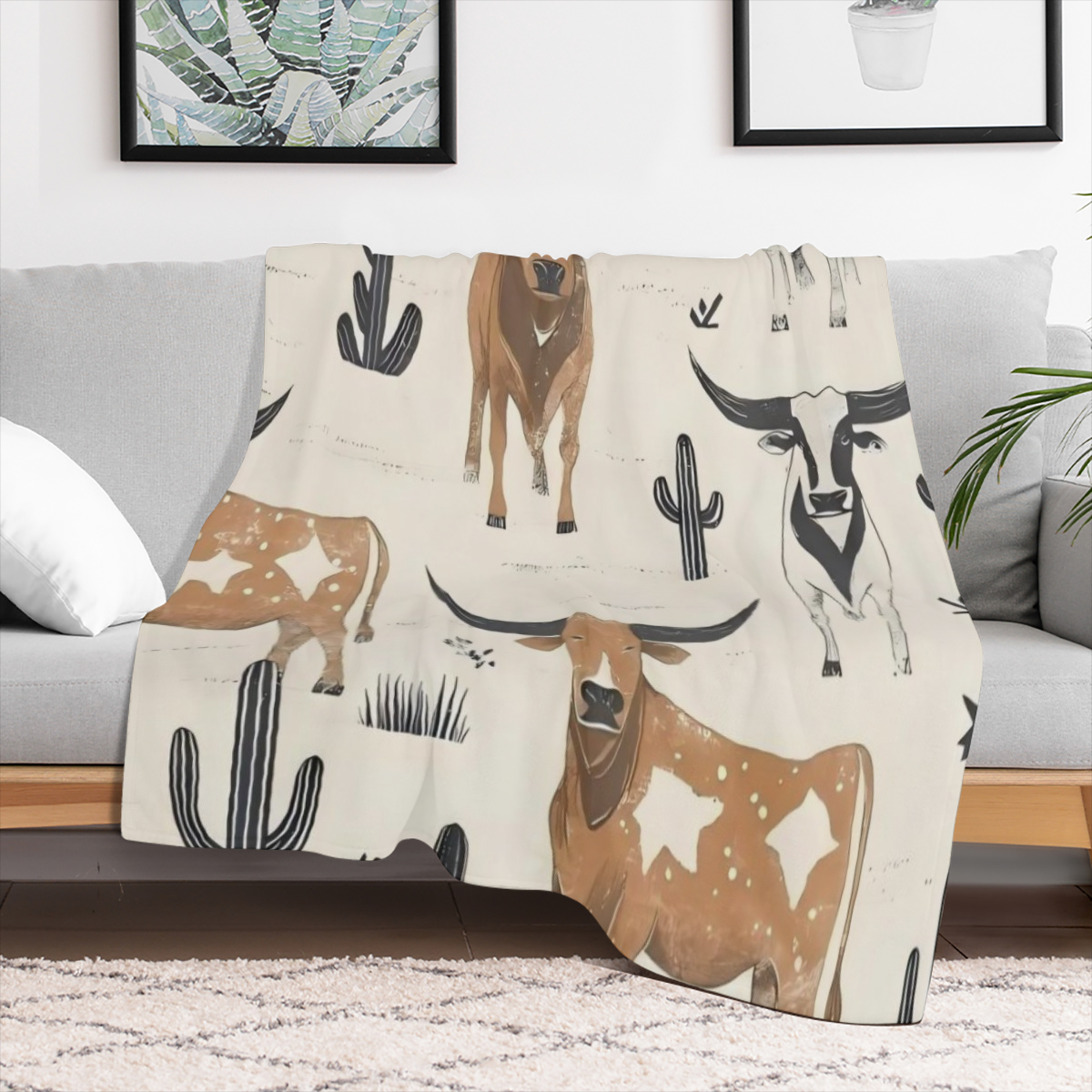 Vintage Cow-Themed Flannel Blanket with Longhorn Cattle and Cactus Design Soft and Warm All-Season Western Style Throw for Sofa or Bed Machine Washable Light Beige Cow Blanket