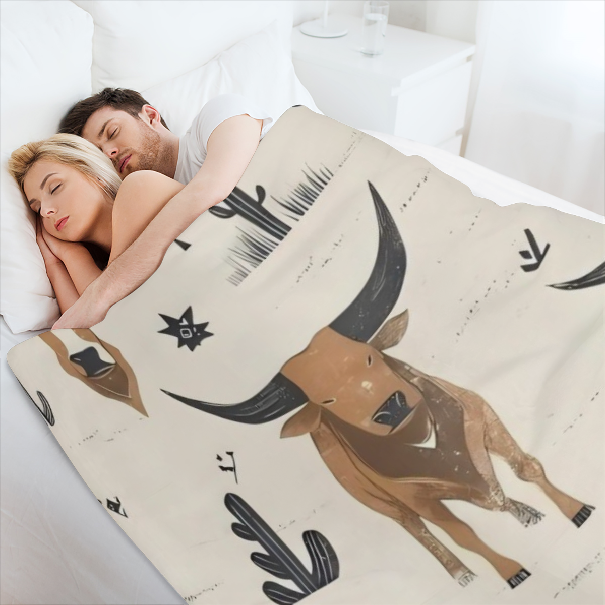 Vintage Cow-Themed Flannel Blanket with Longhorn Cattle and Cactus Design Soft and Warm All-Season Western Style Throw for Sofa or Bed Machine Washable Light Beige Cow Blanket