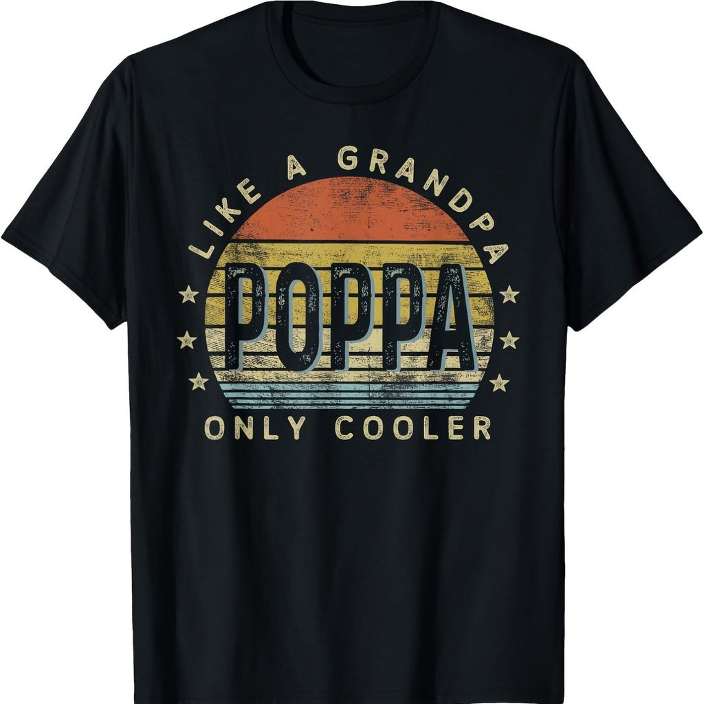Men's & Women's Vintage "Like a Grandpa Only Cooler" T-Shirt - 100% Cotton Retro 70s/80s Inspired Poppa Graphic Tee with Sunset & Stars, Loose Fit Short Sleeve Casual Shirt, Cool Grandpa Gift Idea (Black)
