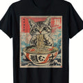 [Anime Cat Ramen T-Shirt] 1pc Men's Anime Cat Eating Ramen Japanese Kitchen T-Shirt