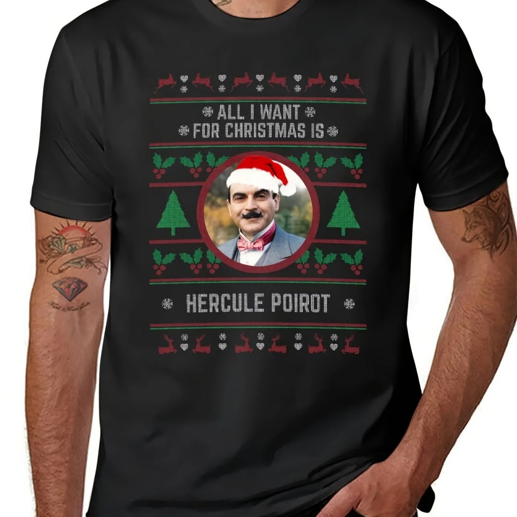 Le T-shirt Hercule Poirot : Tout  que je veux pour Noël – 220g, Vêtements Décontractés,T-shirt Quotidien,T-shirt Classique,Haut Élégant,Chemise Durable,Lavable en machine,Chemise de Vacances,Haut Imprimé,Cadeau de Noël,Fans d'Agatha Christie