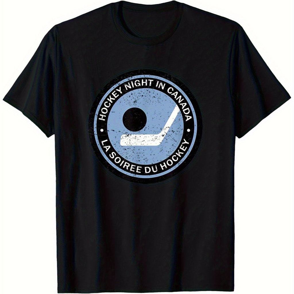 Men'S Canada Hockey Night T-Shirt | 180g Heavyweight 100%, Short Sleeve, Iconic Hockey Logo, French Slogan, Breathable, Casual Sports Fan Apparel, Crew Neck, All-Season Wear, Black, Plus Size