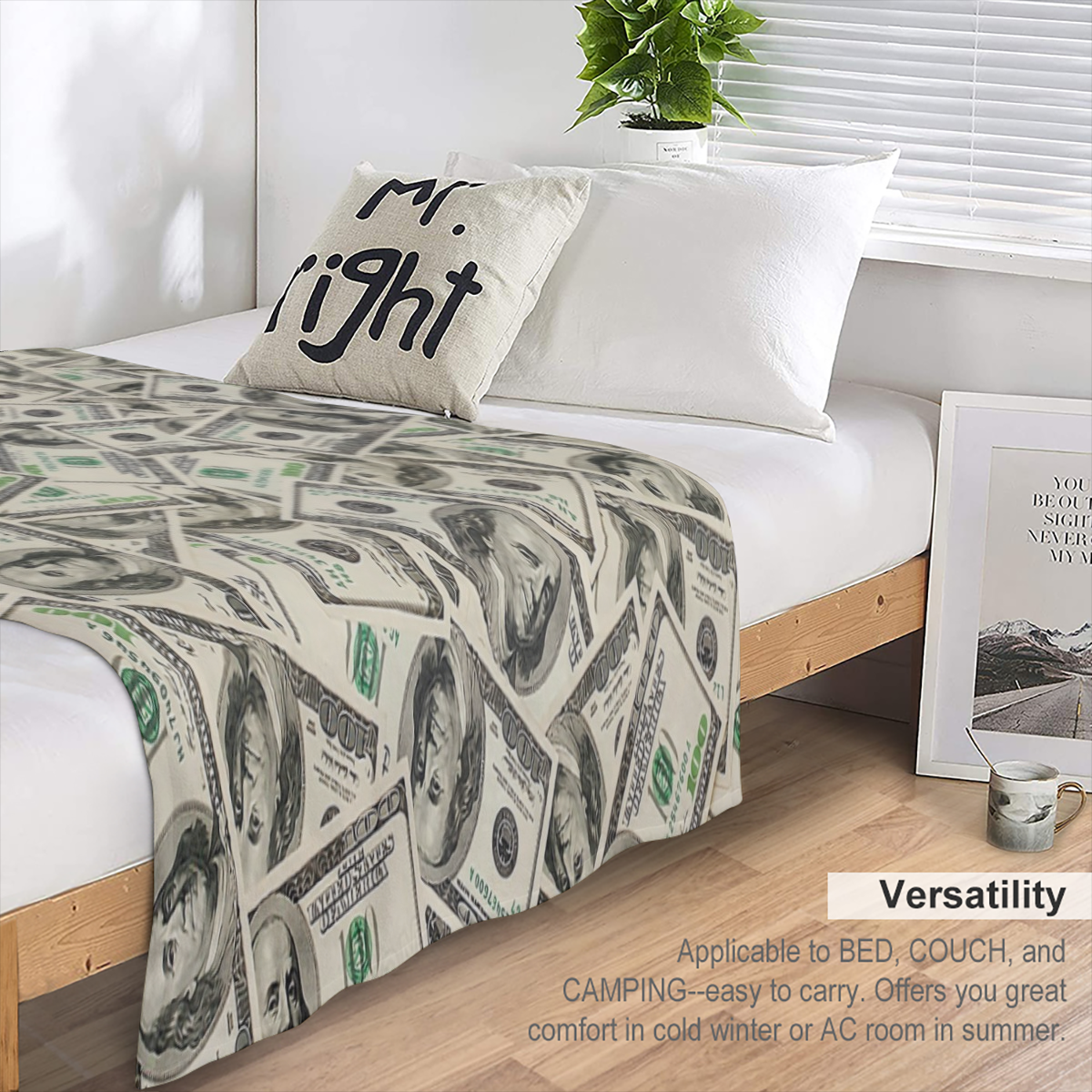 1pc Ultra- Soft Dollar Print Flannel Blanket - Cozy & Comfortable for Lounging, Napping & Travel - Perfect for Home, Office, School & Outdoor Adventures - A Thoughtful Gift Option