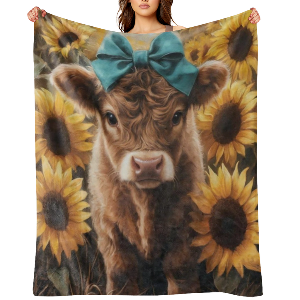 Cozy Sunflower and calf print flannel blanket - soft, warm and versatile for sofas, beds, cars, offices, camping - the perfect gift for all seasons