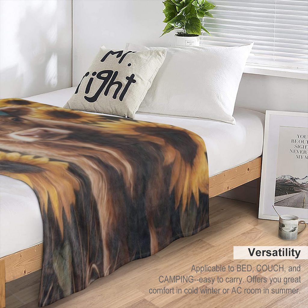 Cozy Sunflower and calf print flannel blanket - soft, warm and versatile for sofas, beds, cars, offices, camping - the perfect gift for all seasons