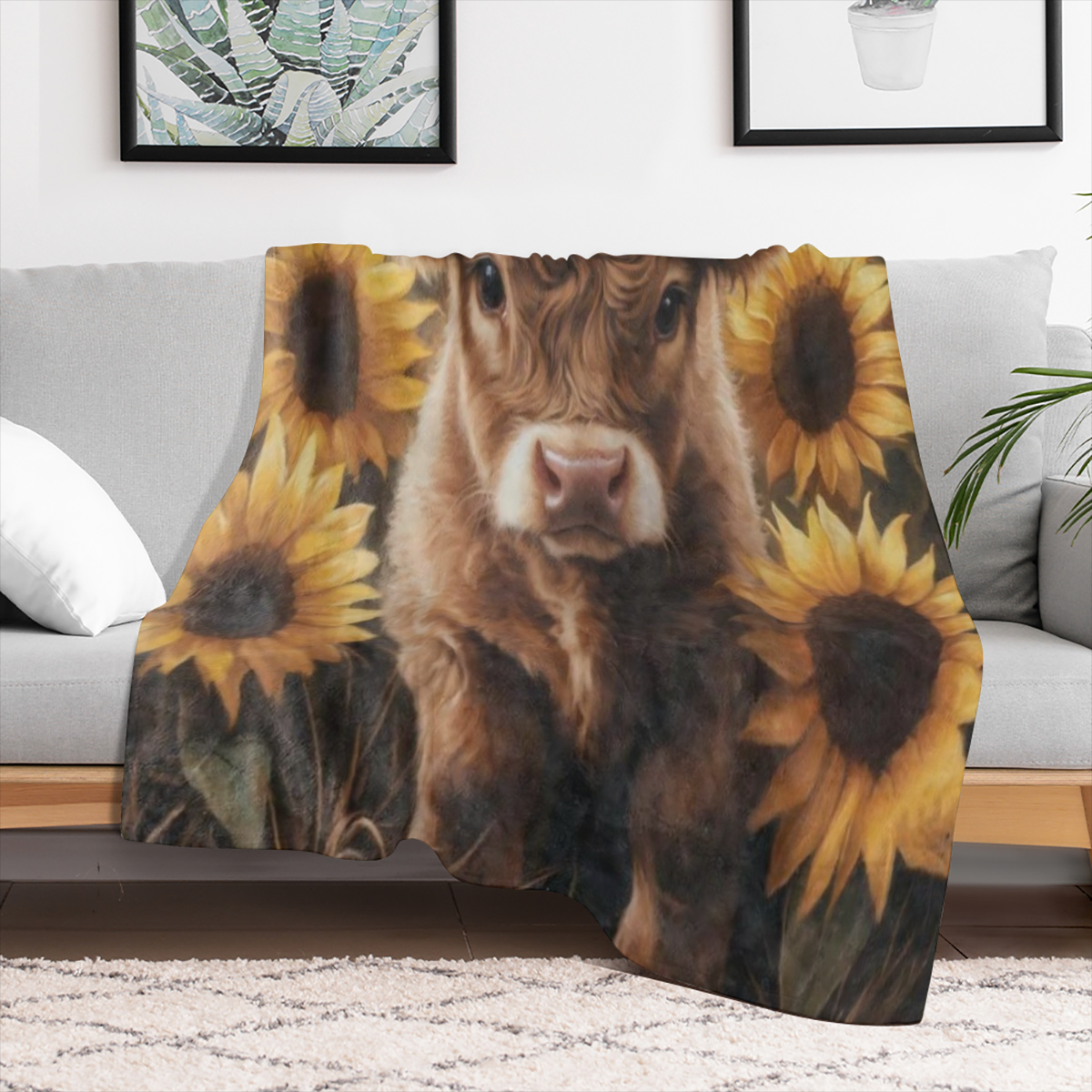 Cozy Sunflower and calf print flannel blanket - soft, warm and versatile for sofas, beds, cars, offices, camping - the perfect gift for all seasons
