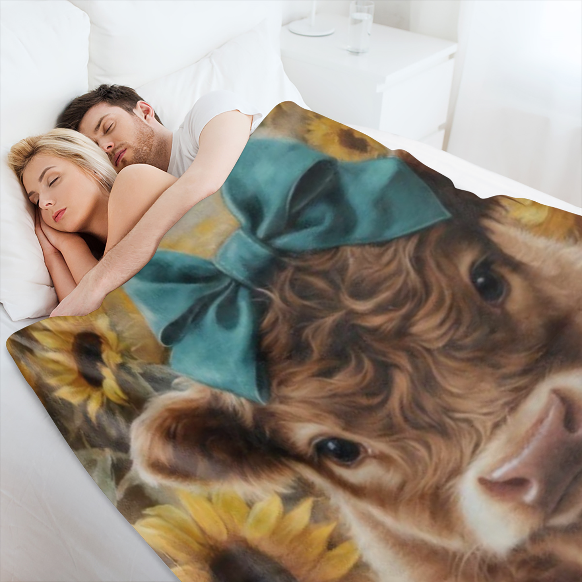 Cozy Sunflower and calf print flannel blanket - soft, warm and versatile for sofas, beds, cars, offices, camping - the perfect gift for all seasons